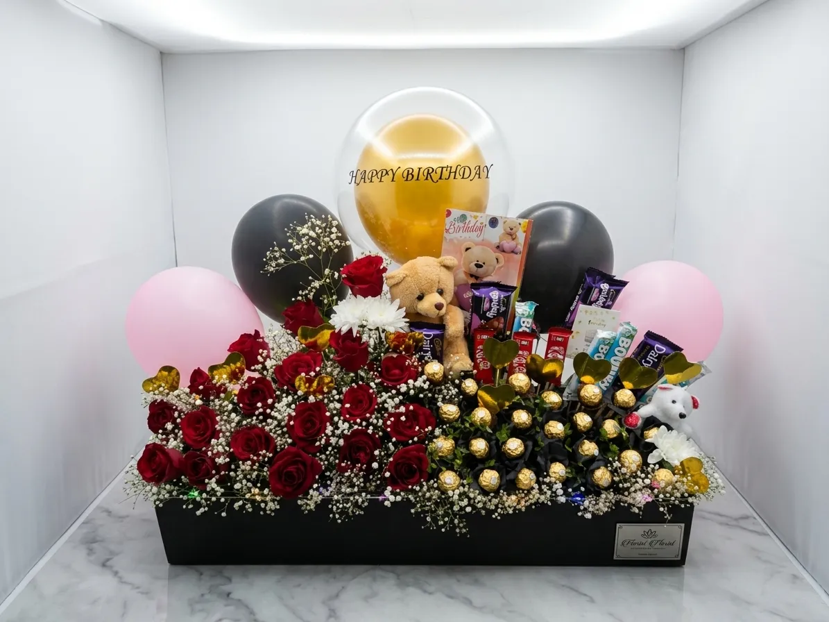 Celebration gift box with flowers and treats