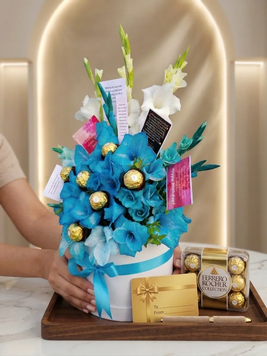 Blue Gladiolus bouquet packaging