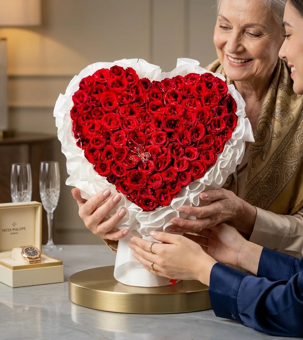 Heart shaped red rose bouquet side view