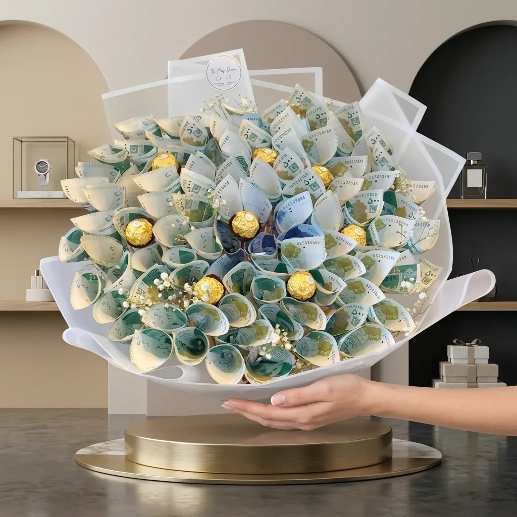 Money bouquet with folded currency notes