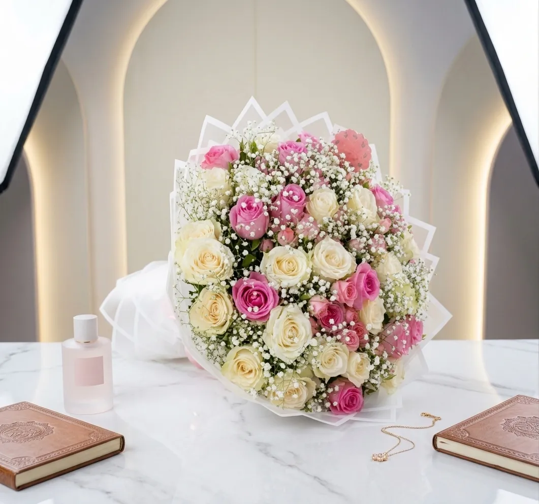 Pink and white rose bouquet side view