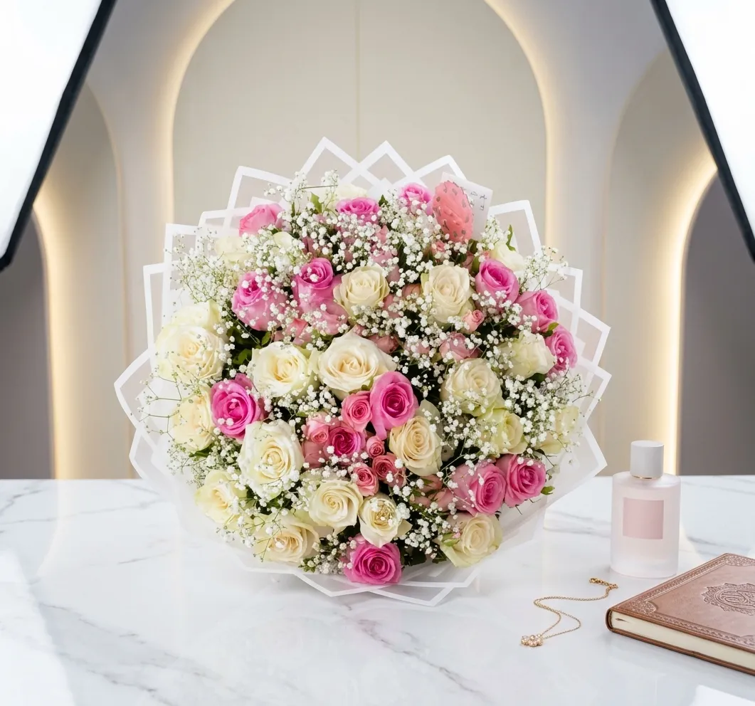 Pink and white rose bouquet — Stem N Roses Islamabad