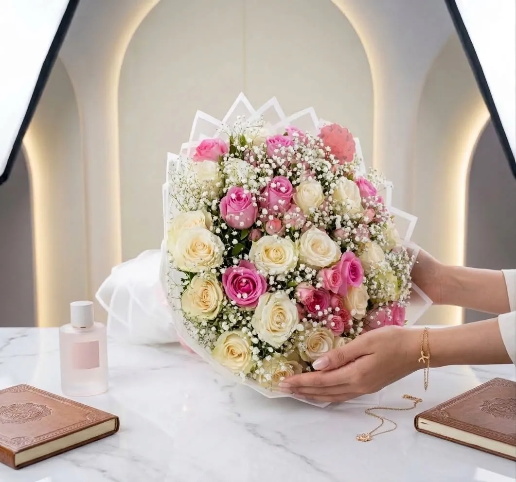 Pink and white rose bouquet packaging