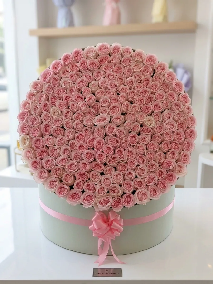 Pink rose hatbox arrangement